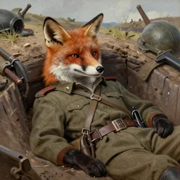 8k UHD, painting in the style of WW1 propaganda, trending on artstation: (subject = anthropomorphic fox soldier resting in a trench + subject detail = fox head, anthropomorphic, high detail, high texture detail)