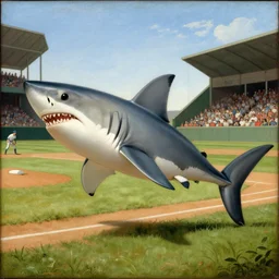 Renaissance painting of a Anthropomorphic Great white shark at a baseball game