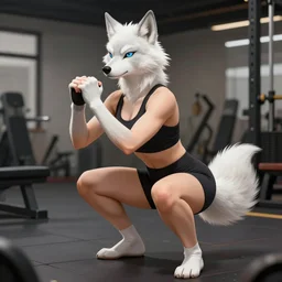 female anthropomorphic wolf character with white fur wearing a black sportsbra and spandex shorts doing a squat at the gym. Renowned character illustration by greg rutkowski, thomas kindkade, alphonse mucha, loish, norman rockwell. Trending on artstation 4k. Highly detailed. Digital art.