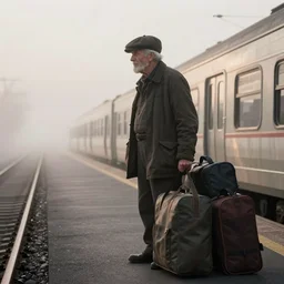 Old man with a newsboy hat waits for a train with heaps of baggage on a foggy platform, low angle, morning hard light