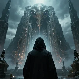 a dark hooded figure in front of a giant alien shrine, stunning digital art