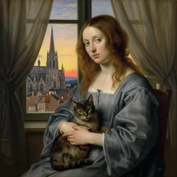 close portrait of woman in night gown with cat, with city with gothic cathedral seen from a window frame with curtains. sunset. lucas cranach, bonnard, henri de toulouse - lautrec, utamaro