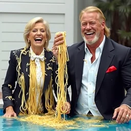 ( ellen degeneres ) and ( hulk hogan ) both covered in pasta, fancy suits, couple's photo, 4 k, 8 k, spaghetti noodles, kiddie pool, iso 6 0 0, laughing, smiling, puking