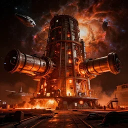 warm colors, high contrast dark hyperreal deep space dock mining platform with massive piping inspired by nuclear reactor core, space - station, submarine, beeple, star citizen halo, mass effect, elysium, oblivion, the expanse, iron smelting pits, high tech industrial, dramatic nebula sky, volumetric lighting