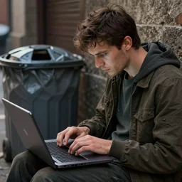 a bum using laptop near trash, trending on artstation, highly detailed, intricate, sharp focus, digital art, 8 k