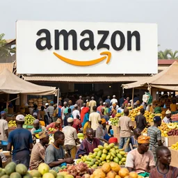 amazon warehouse as african produce market, big crowds, large amazon signage, fruit stands, informal traders