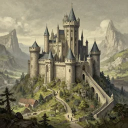 Intricate ultradetailed illustration of a medieval castle in a fantasy landscape by Tomer Hanuka, by Victo Ngai, by Beeple