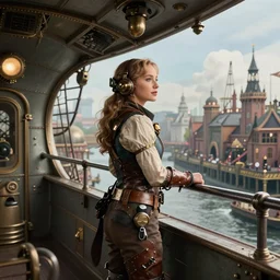 Jennifer Lawrence as a steampunk airship pilot standing on the bridge of her airship, looking out over Victorian London, digital steampunk art, trending on ArtStation