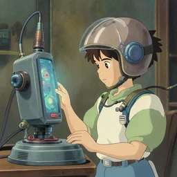 a dream machine connceted to a boy with a helmet and electric cable by vanessa morales, studio ghibli,
