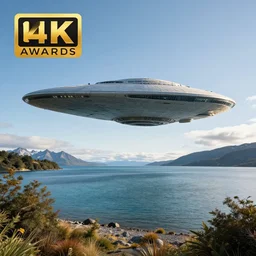 award winning photo of a patagonia lake. a colossal spaceship by zaha hadid and alphonse mucha is seen over the horizon peaceful image. 4 k