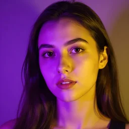 Photo portrait of a woman. the face is illuminated by purple light for half of the face, the other half of the face is illuminated in yellow