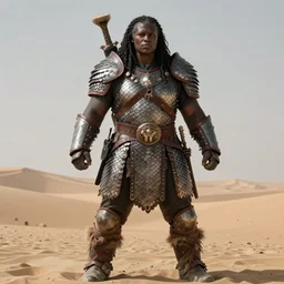 a large barbarian woman wearing scale mail, heavy looking, powerful, imposing presence, by greg rutkowski and larry elmore, highly detailed, hyperrealistic, dark skin, desert lands, sharp focus, soft lighting, centered