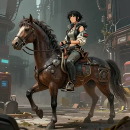 full body character, amazon on a horse, cyberpunk intricate streetwear, dystopian, trending on artstation, beautiful, intricate complexity, digital painting, anime, disney, pixar, 8 k, hd, dof, kodak film, volumetric lighting, subsurface scattering, photorealistic, octane render, extreme details