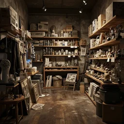 a shop with stuff on the floor and shelves, trending on artstation, dim light, mixed media, octane rendering
