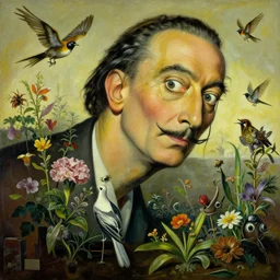 'Life from death' An aesthetic horror painting depicting 'A slaughterhouse with plants and flowers growing inside it, birds and insects flying all around it' by Salvador Dali, Trending on cgsociety artstation, 8k, masterpiece, cinematic lighting, highly detailed, vibrant colors.