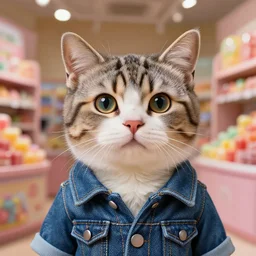 full head photo portrait of a cute cat made of jeans, medium shot, super realistic, crisp details, sharp, detailed, intricate, volumetric lights, cinematic, a candy shop background, shot with hasselblad, octane render