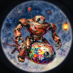 memorable animation key shot, night, fish eye lens, climbing up the rusty crab robot submarine schwerer gustav!!!! covered in bold grafitti, midnight, lanterns, paint drip, colorful murals, studio ghibli, pixar, disney concept art watercolor illustration by craig mullins, dean cornwell, nc wyeth, satoshi kon!