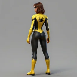 full body character turnaround of a woman in an orb weaver outfit, character sheet, matte painting, spiderman!!, spiderwoman!!, john singer sargent, good value control, highly detailed portrait, character turnaround, digital painting, concept art, sharp focus, smooth, 3 d model, illustration, yellow and black color scheme, realistally proportioned body