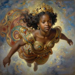 painting of african mother nature floating through the sky, inspired by gustav moreau and wayne barlow, exquisite detail, hyper realism, ornate, exquisite detail, cute face