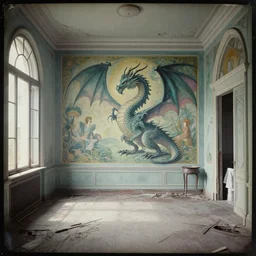 dragon in an haunted liminal abandoned room, daguerreotype by edward hopper, by henri rousseau, by Bosch, by Pontormo, art noveau, highly detailed, strong lights, liminal, eerie, Bright pastel colors, octane render, 8k