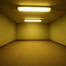 Backrooms, old moist carpet, mono-yellow, fluorescent lights