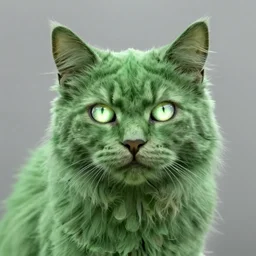 green-furred cat with glowing eyes 4k