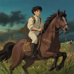 a wholesome animation key shot a painting of a man riding a horse, concept art by hal foster, reddit, fantasy art, concept art, d & d, masculine dusk, by studio ghibli, animation, sharp, rendered in unreal engine 5, focused, anime key art by greg rutkowski, bloom, dramatic lighting