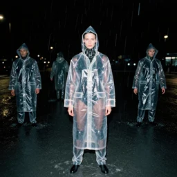 Paris fashion nighttime photoshoot of blade runner replicant model wearing clear transparent wet plastic zaha hadid raincoats in heavy floods, agfa film, wide shot by Nabbteeri