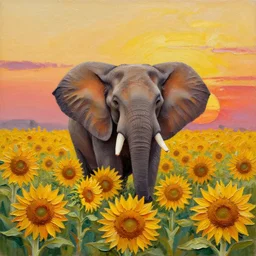 Impasto painting of a hidden elephant in a field of sunflowers over a sunset