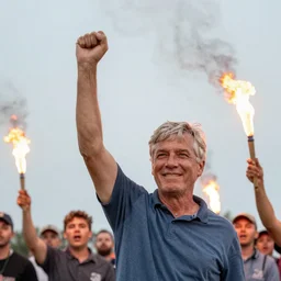 photograph of geert wilders on malieveld raising one empty fist in the air and leading an angy torch - wielding mob, shouting, crazy eyes, atmospheric lighting, by joel meyerowitz, by saul leiter
