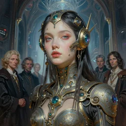 hyper realistic painting portrait of cyber princess in the techno altar by wayne barlowe, beksinski, hr giger, austin osman spare, bussiere, roberto ferri, rembrandt, luis ricardo falero, intrincate ornaments