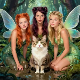 mix of beautiful young sweet cat sandra, mariel hemmingway and elle macpherson as fairies, perfect faces, magical forest, muddy swamp, very coherent and colorful high contrast art, artstation, deviantart, digital art