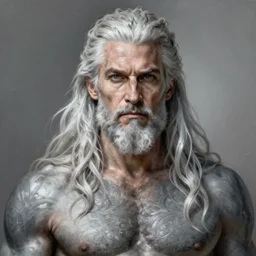 painted portrait of rugged odin, god of war, norse god, white hair, masculine, mature, old man, warrior, detailed eyes, handsome, upper body, grey and silver, muscular, hairy torso, fantasy, intricate, muscular, elegant, highly detailed, digital painting, artstation, concept art, smooth, sharp focus, illustration, art by gaston bussiere and alphonse mucha