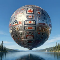 a giant ((((metallic)))) floating sphere covered in canadian aboriginal!!! patterns!! hovering above a Yukon lake, (painted by Ralph McQuarrie), matte painting, concept art