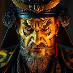 portrait of old samurai, goth punk, cyberpunk, vibrant yellow colors, surreal, french baroque style by alexander mcqueen, hyper detailed, cinematic, art by bill sienkiewicz trending artstation, octane render
