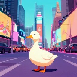 a duck standing alone in Times Square 1985 by Ashley Wood, in the style of vaporwave, retro, colorful, neon