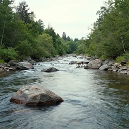 a beautiful landscape, river, rocks, trees, by greg rutkowsi, glitch!!!!