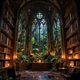 decaying interior of an ( ( old library ) ) with a rainforest growing inside, highly detailed, mystical cathedral windows, night outside, glowing candles inside, intricate detail, beautiful 3 d rendering, octane render, hyperrealistic, trending on artstation, by greg rutkowski and simon stalenhag