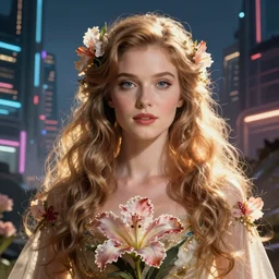 Beautiful portrait of the flower queen, in the style of Dan Mumford's artwork, with a futuristic cyberpunk city in the background.