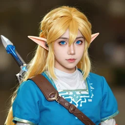 close up shot of cosplayer dressed as lightning outfit from the video game zelda : breath of the wild