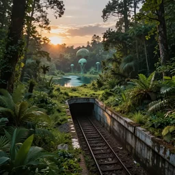 a beautiful hyperdetailed highly detailed abandoned nature subway station by tom wright, at dusk at dawn morning sun forest meadow sunlight alien lake myst rainforest, archdaily, wallpaper, highly detailed, trending on artstation.