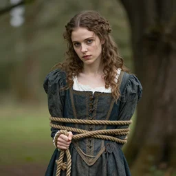 portrait, a girl in a medieval dress, strangled with a rope, victorian style, high detail