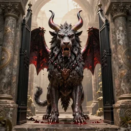 Drooling Cerberus standing at the gates of hell. High quality.