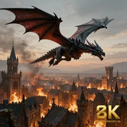 “A black dragon flying over a burning medieval city, art station, award winning, 8K”