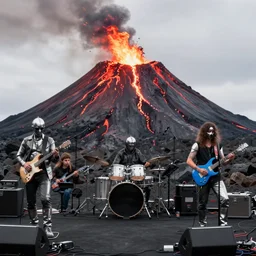 hd photo wide shot of a metal band playing in front of an icelandic volcano as it slowly erupts and pools behind them, bassist has a blue guitar, 8k, perfect light