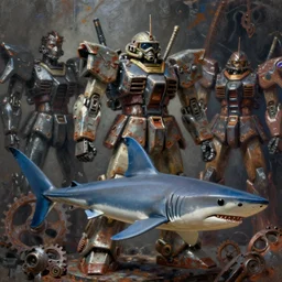blue, grey, hammerhead shark!!!!, kitbash, gunpla, mold, dark, gothic, cyber, fantasy, rust, metal, rivets, cogwheel, human, creature, mannequin, machinery, scuba mask, by giger, masahiro ito, junji ito, rough oil paint, underpainting, highlights, john signer sargent, dean cornwell, zaku