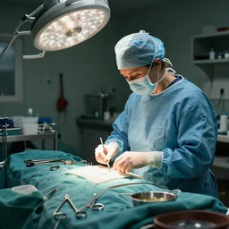 an environmental concept art of a babushka surgeon in a cluttered workshop, surigcal impliments, surgery table, highly detailed, cinematic, dramatic