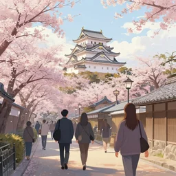 visiting japan's imperial capital of kyoto, is like taking a step back in time. walking, pov, volumetric lighting, spring early morning, late afternoon, ( ( ( cherry blossom trees ) ) ), nice weather, few clouds, realistic illustration, perfectly shaded, soft painting, art by krenz cushart and wenjun lin