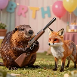 beaver and fox with gun at party