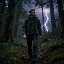 a professional photographic picture of a man walking in tthe dark woods with dramatic lightning, realistic hyperdetailed 8k ultradetail cinematic
